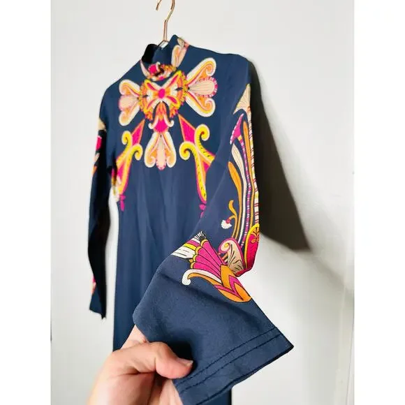 LA DOUBLEJ Navy Paisley Gold Pendant High Neck A-Line Halle Dress Size XS - Picture 11 of 16